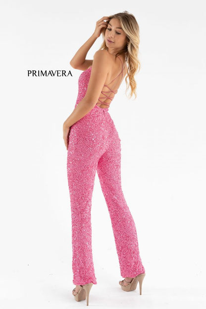 Primavera Couture 3774 Size 0 Neon Pink Sequin Jumpsuit Scoop Neckline Lace Up Tie Back Straight Legs