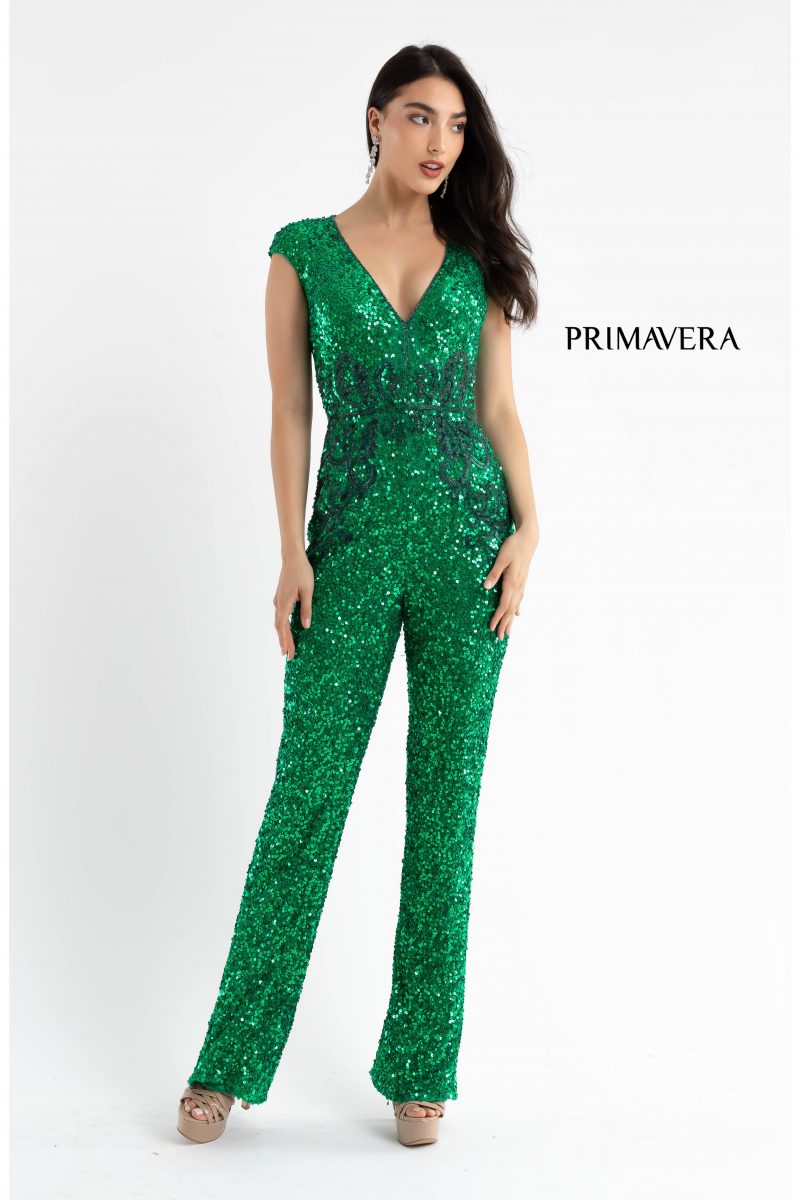 Primavera Couture 3775 Size 2, 6 Red Sequined Jumpsuit Beaded Waist and Hips Cap Sleeves