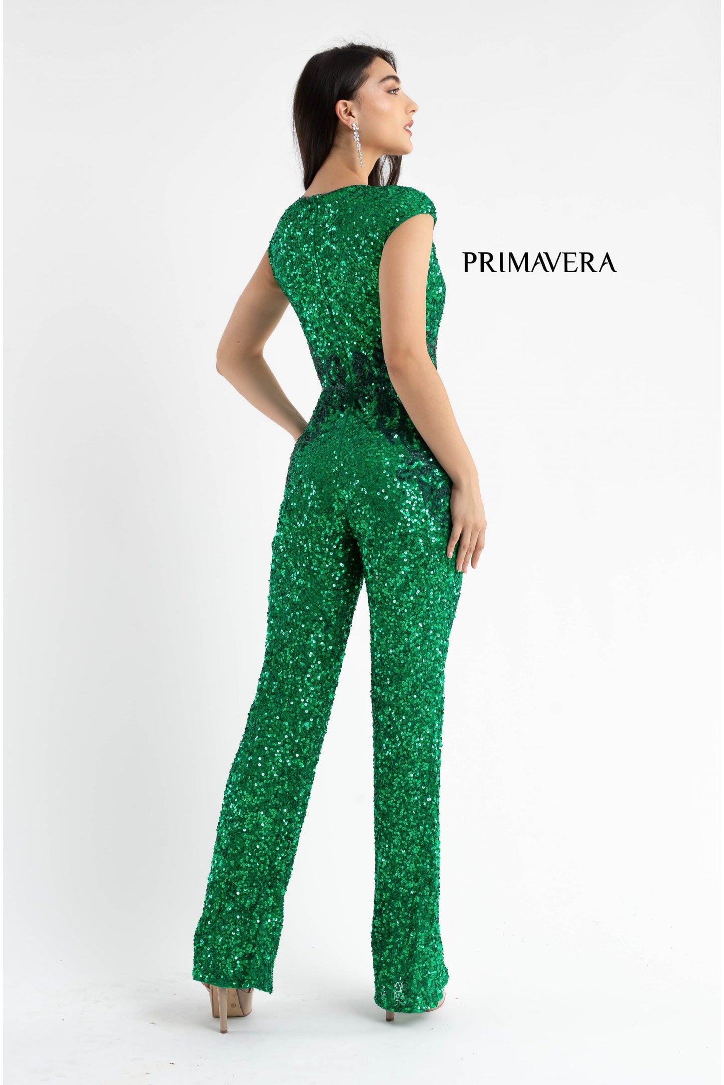 Primavera Couture 3775 Size 00, 4 Royal Blue Sequined Jumpsuit Beaded Waist and Hips Cap Sleeves