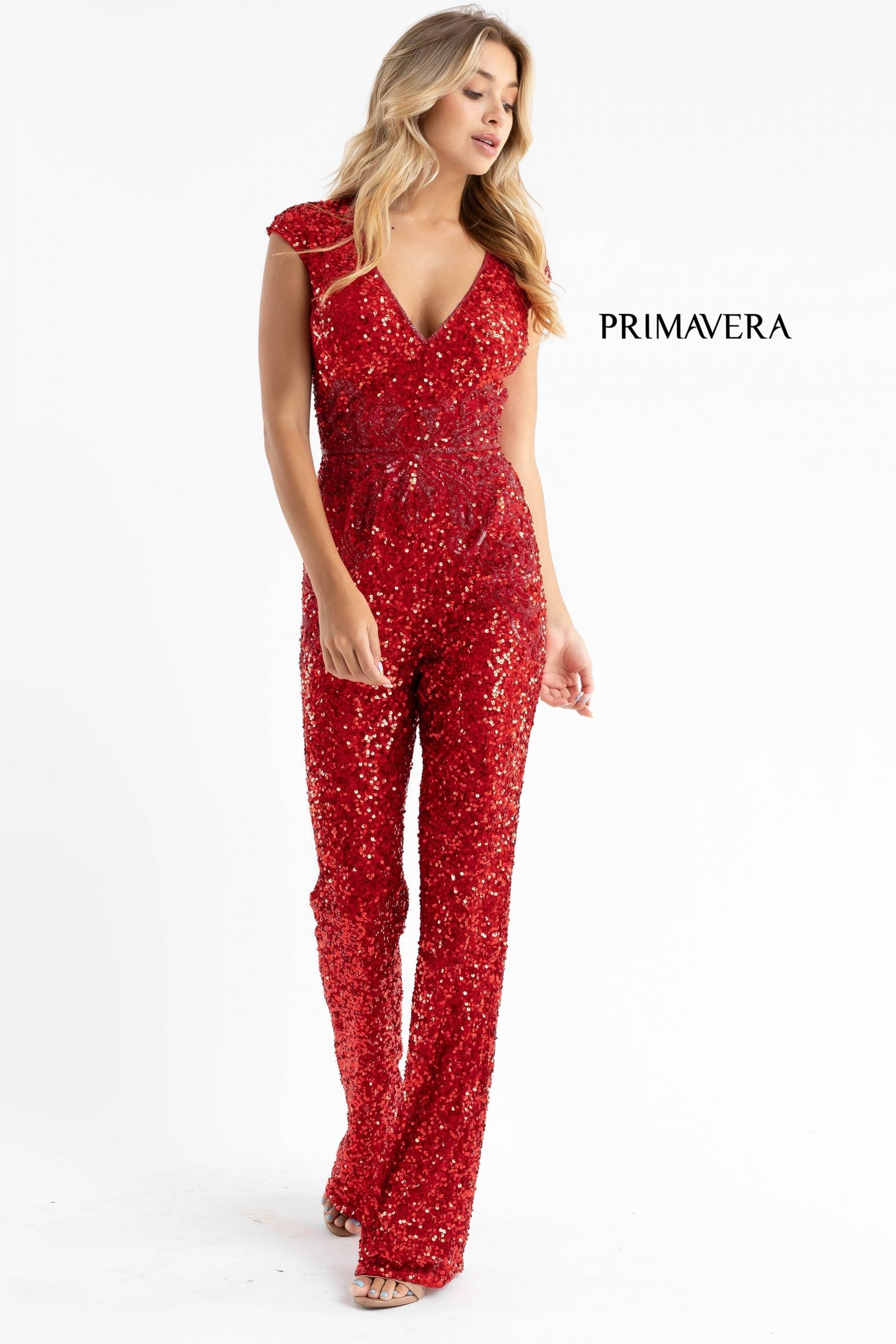 Primavera Couture 3775 Size 12 Turquoise Sequined Jumpsuit Beaded Waist and Hips Cap Sleeves