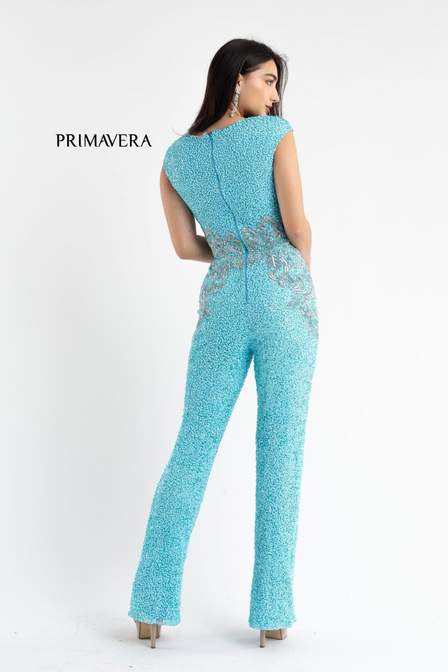 Primavera Couture 3775 Size 00, 4 Royal Blue Sequined Jumpsuit Beaded Waist and Hips Cap Sleeves
