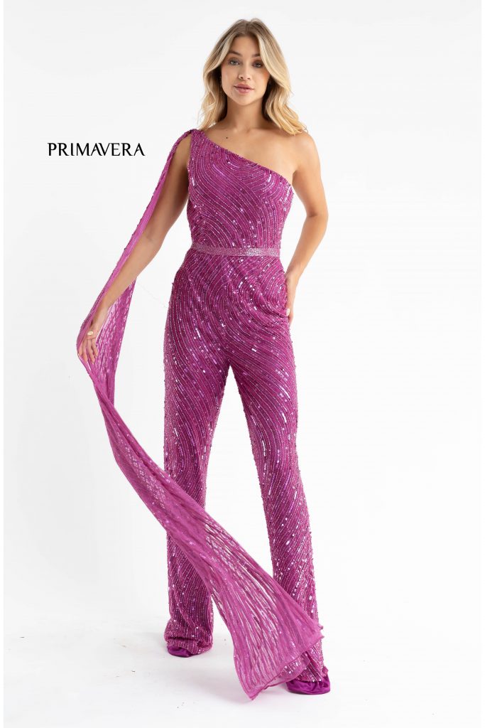 Primavera Couture 3776 Size 00 Fuchsia Swirled Sequin Jumpsuit One Shoulder Floor Length Cape
