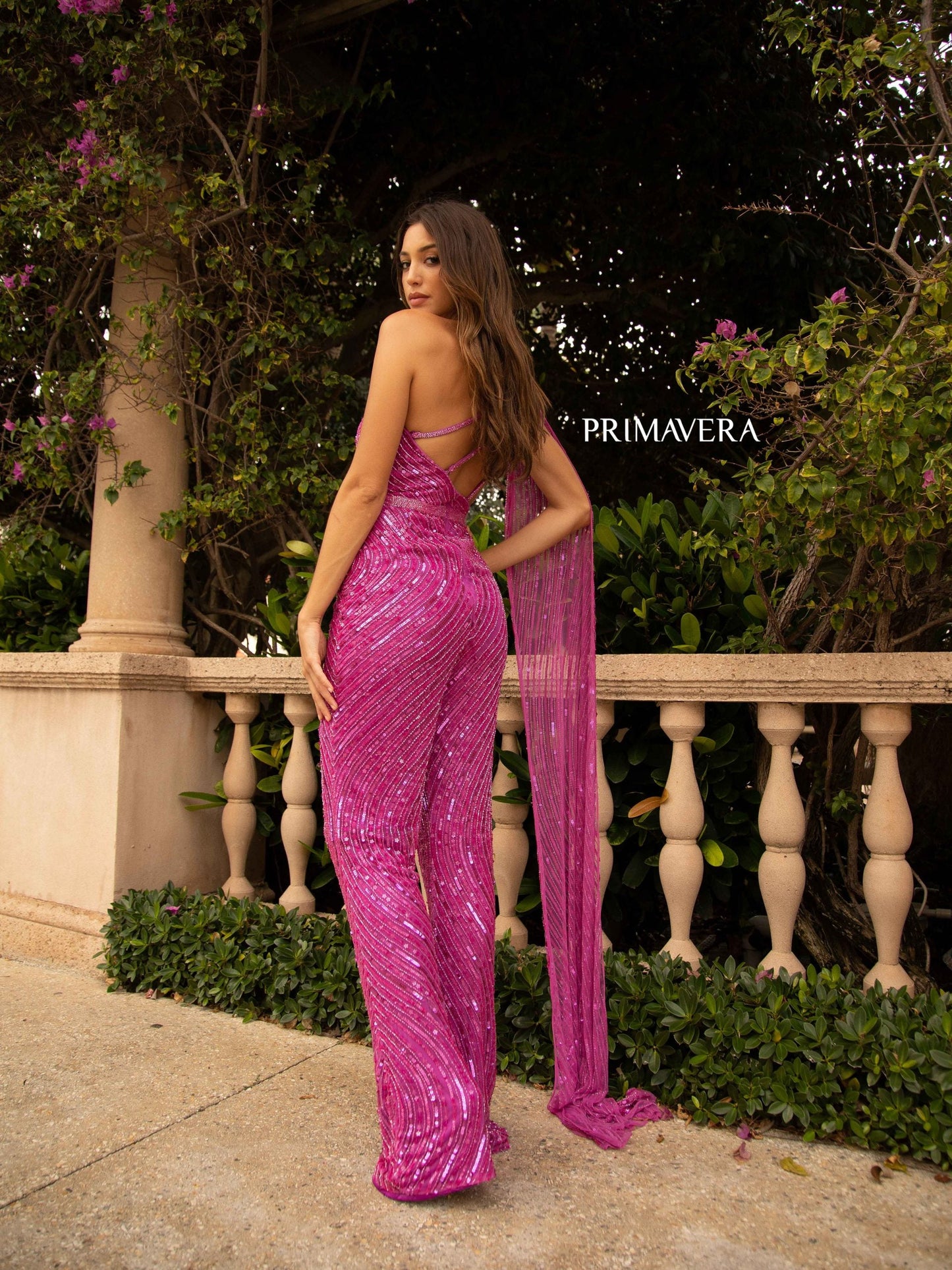 Primavera Couture 3776 Size 00 Fuchsia Swirled Sequin Jumpsuit One Shoulder Floor Length Cape