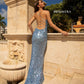 Primavera Couture 3791 Exclusive Prom Dress.  This is an all sequins prom dress with a V neckline and spaghetti straps that lace up and tie in the open back.  It has a wrap style side slit and a sweeping train.  Colors:  Bright Blue  Sizes:  2, 10