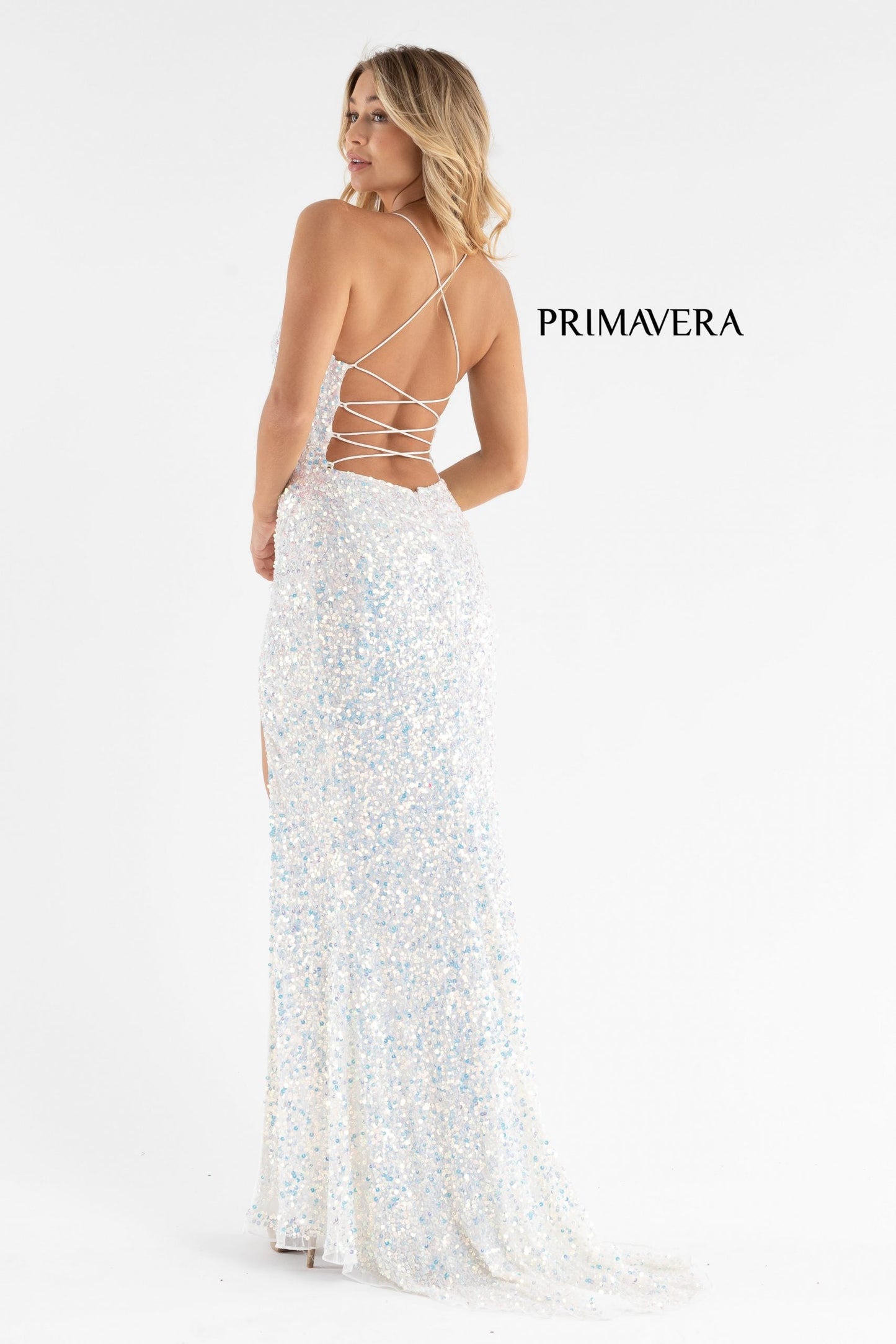 Primavera Couture 3791 Size 0 Turquoise Prom Dress V Neckline Sequins Lace Up Tie Back Side Slit