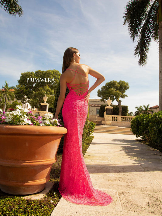 Primavera Couture 3791 Size 6 Neon Pink Prom Dress Backless Sequin