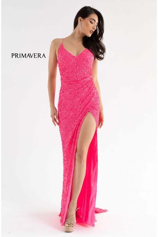 Primavera Couture 3791 Size 6 Neon Pink Prom Dress V Neckline Sequins Lace Up Tie Back Side Slit