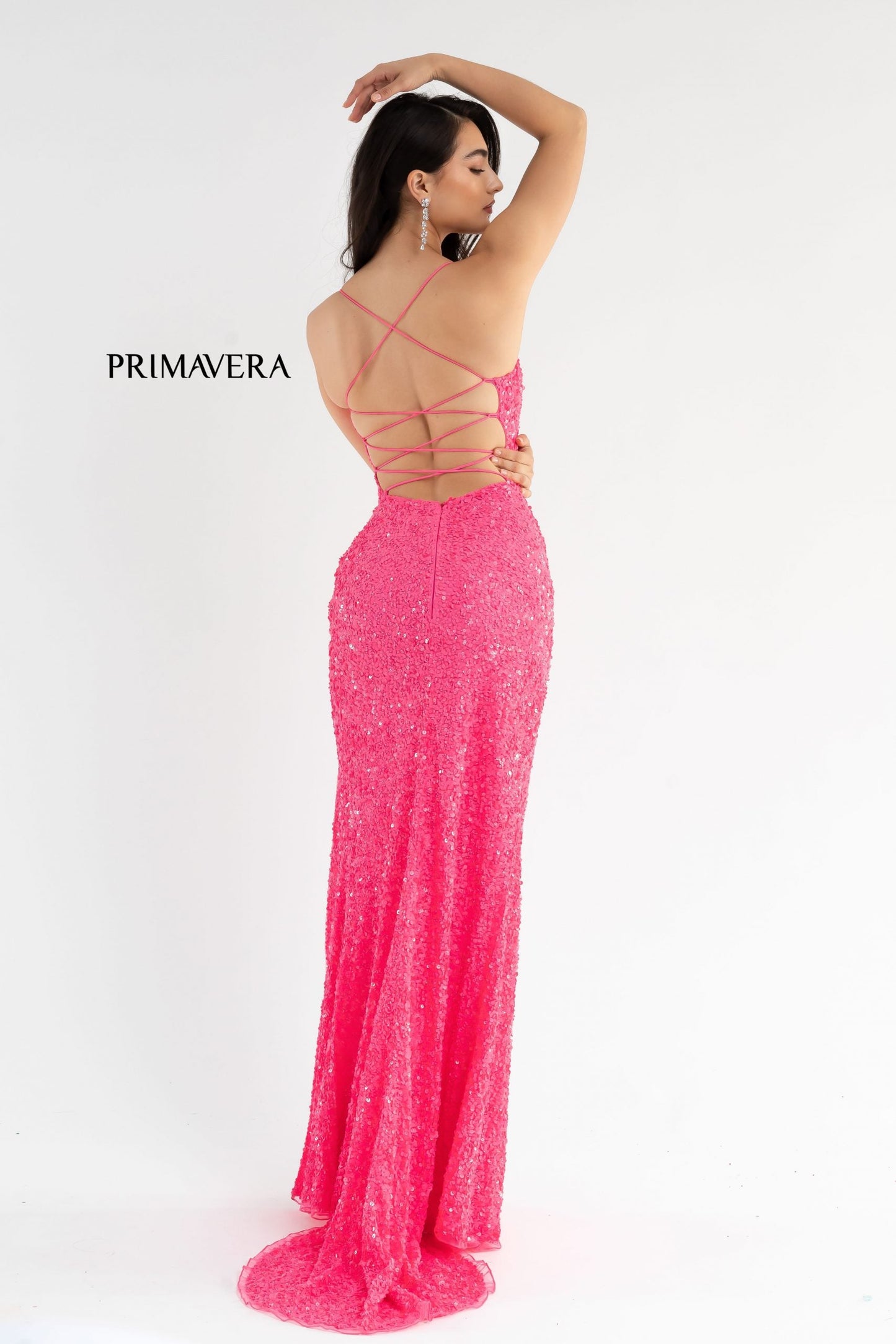 Primavera Couture 3791 Size 6 Neon Pink Prom Dress V Neckline Sequins Lace Up Tie Back Side Slit