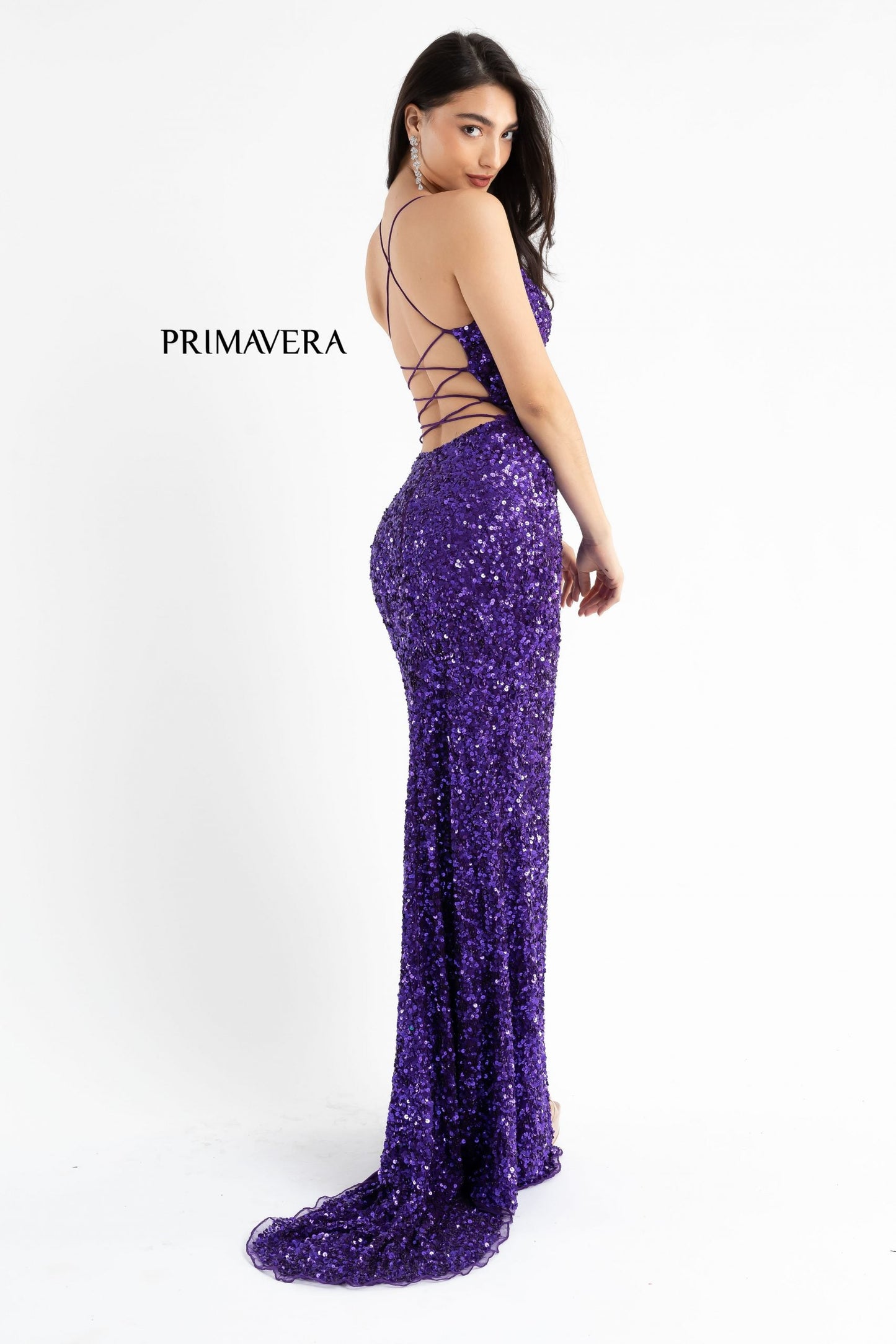 Primavera Couture 3791 Size 14 Purple Prom Dress V Neckline Sequins Lace Up Tie Back Side Slit