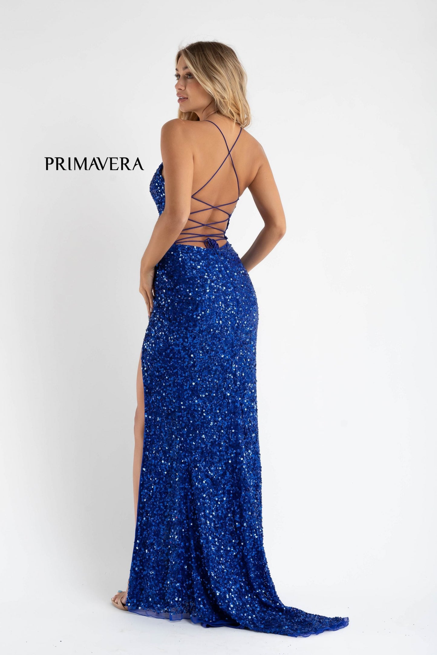 Primavera Couture 3791 Size 6 Mint Prom Dress V Neckline Sequins Lace Up Tie Back Side Slit