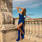 Primavera Couture 3791 Size 10 Bright Blue Prom Dress V Neckline Sequins Lace Up Tie Back Side Slit