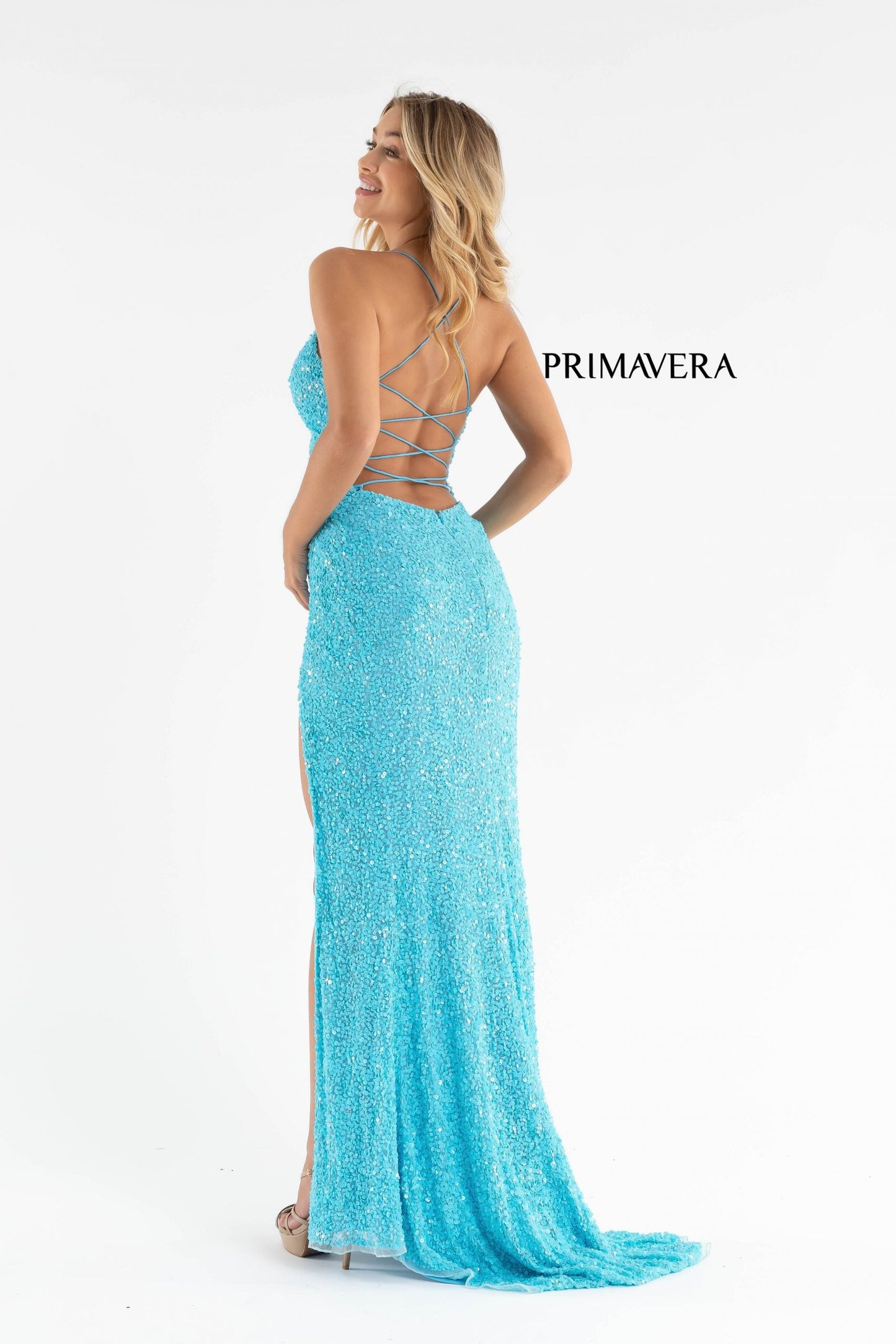 Primavera Couture 3791 Size 10 Bright Blue Prom Dress V Neckline Sequins Lace Up Tie Back Side Slit