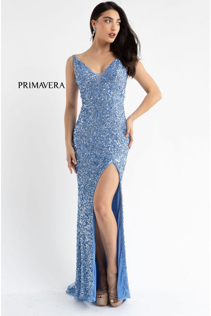 Primavera Couture 3792 Size 2 Ivory Sequin Prom Dress V Neckline Strappy Open Back Side Slit Train