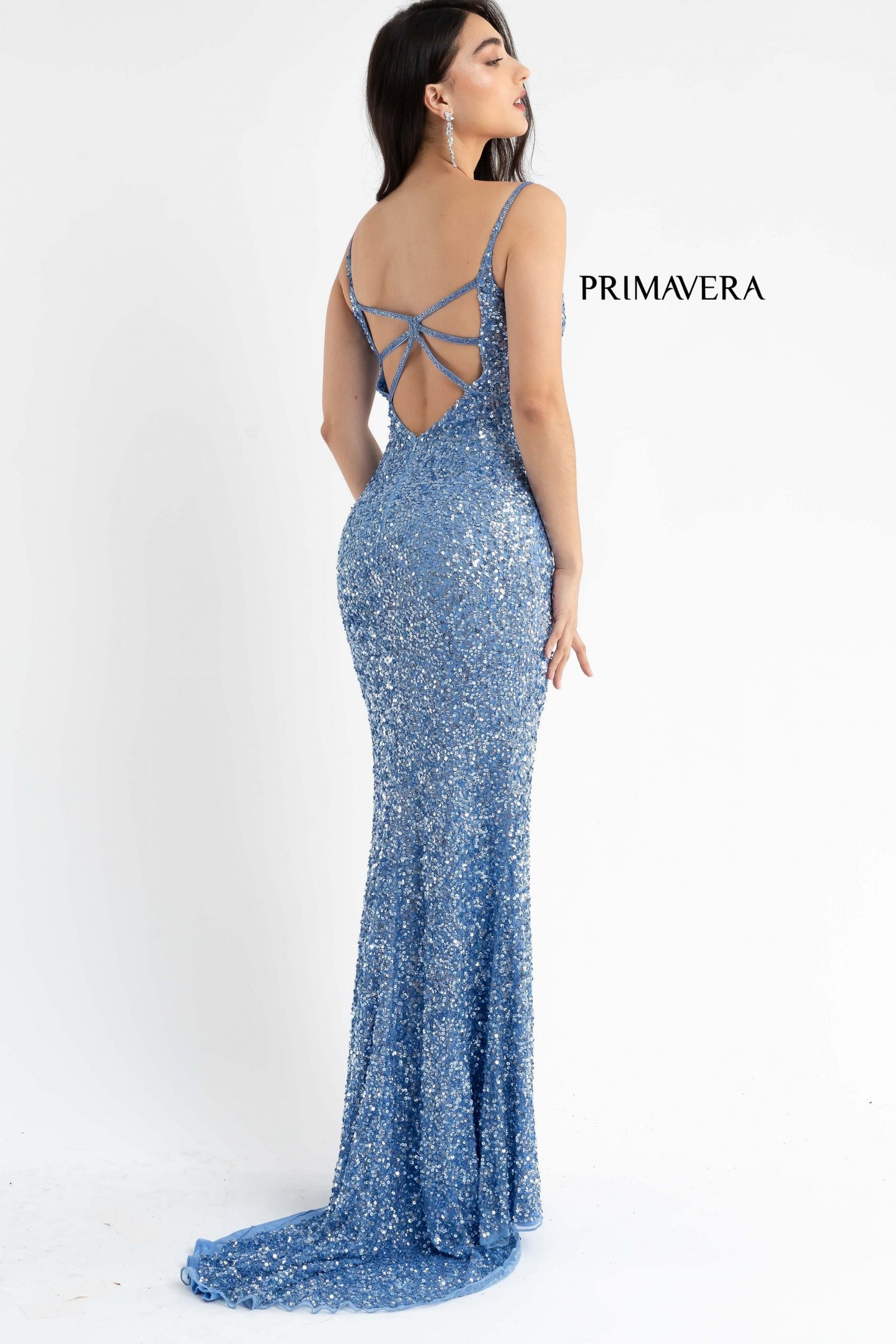 Primavera Couture 3792 Size 0, 12 Turquoise Sequin Prom Dress V Neckline Strappy Open Back Side Slit Train