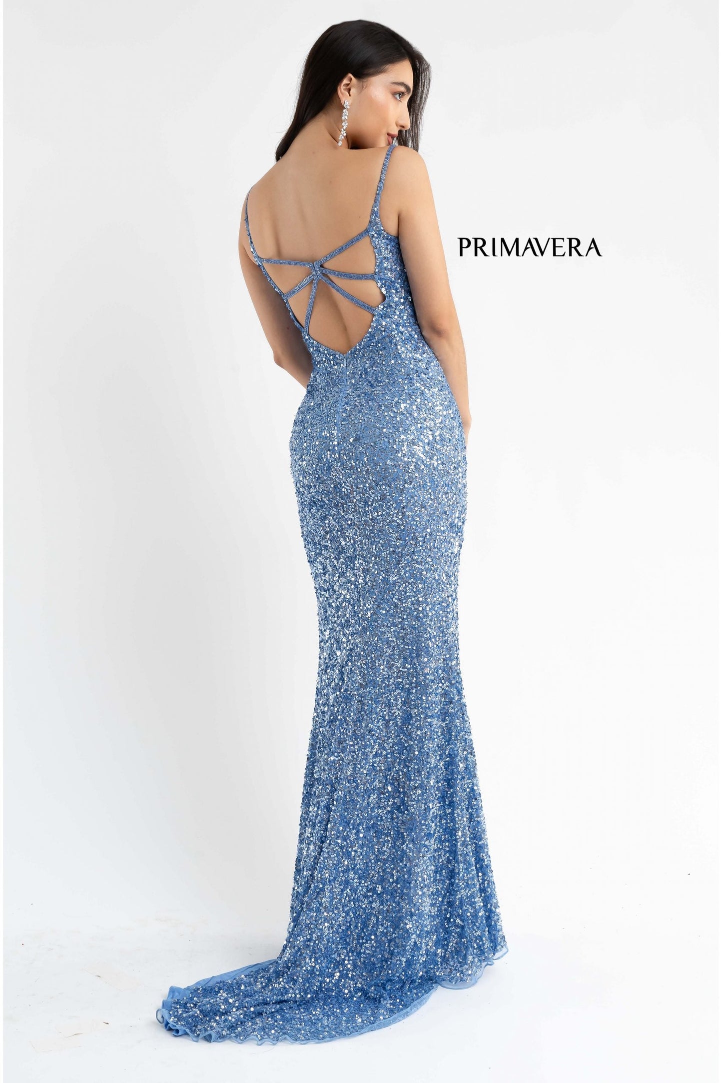 Primavera Couture 3792 Size 8 Bright Blue Sequin Prom Dress V Neckline Strappy Open Back Side Slit Train