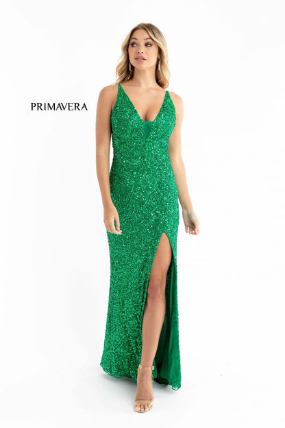 Primavera Couture 3792 Size 2 Ivory Sequin Prom Dress V Neckline Strappy Open Back Side Slit Train