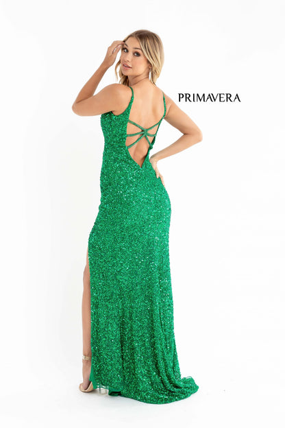 Primavera Couture 3792 Size 2 Ivory Sequin Prom Dress V Neckline Strappy Open Back Side Slit Train