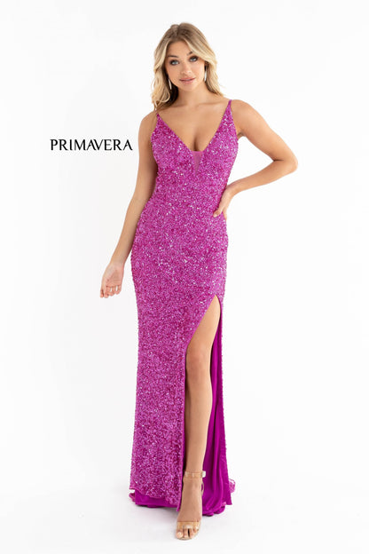 Primavera Couture 3792 Size 2 Ivory Sequin Prom Dress V Neckline Strappy Open Back Side Slit Train