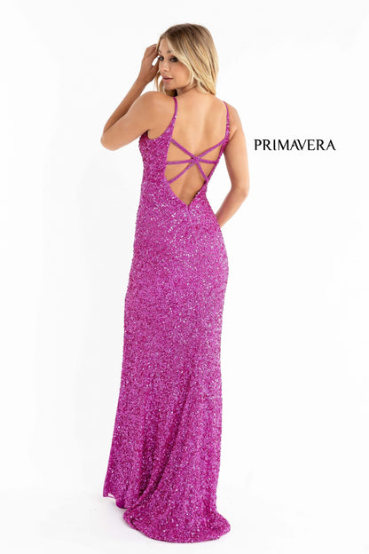 Primavera Couture 3792 Size 2 Ivory Sequin Prom Dress V Neckline Strappy Open Back Side Slit Train