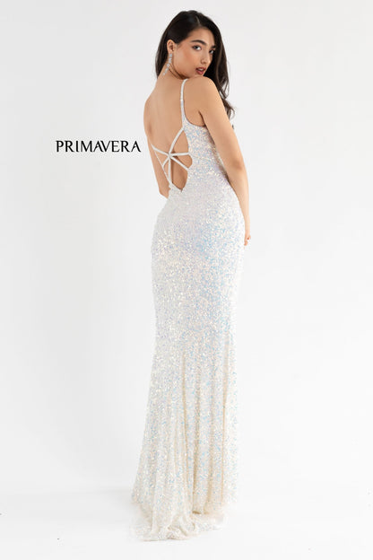 Primavera Couture 3792 Size 2 Ivory Sequin Prom Dress V Neckline Strappy Open Back Side Slit Train