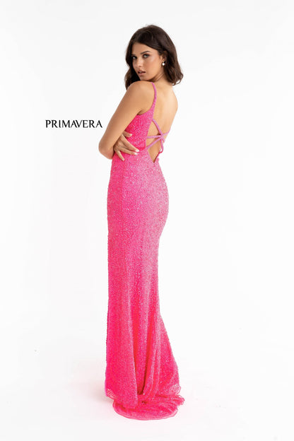 Primavera Couture 3792 Size 2 Ivory Sequin Prom Dress V Neckline Strappy Open Back Side Slit Train