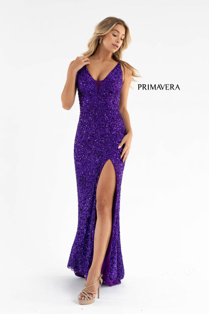 Primavera Couture 3792 Size 2 Ivory Sequin Prom Dress V Neckline Strappy Open Back Side Slit Train