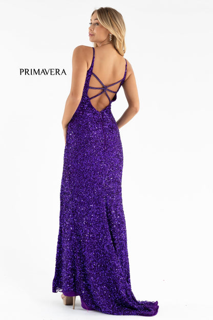 Primavera Couture 3792 Size 2 Ivory Sequin Prom Dress V Neckline Strappy Open Back Side Slit Train
