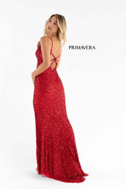 Primavera Couture 3792 Size 2 Ivory Sequin Prom Dress V Neckline Strappy Open Back Side Slit Train