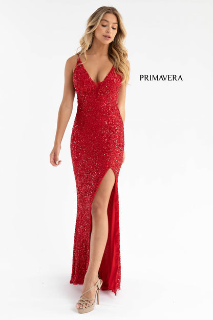 Primavera Couture 3792 Size 2 Ivory Sequin Prom Dress V Neckline Strappy Open Back Side Slit Train