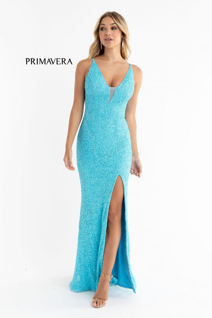 Primavera Couture 3792 Size 2 Ivory Sequin Prom Dress V Neckline Strappy Open Back Side Slit Train