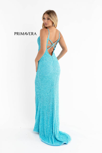 Primavera Couture 3792 Size 2 Ivory Sequin Prom Dress V Neckline Strappy Open Back Side Slit Train