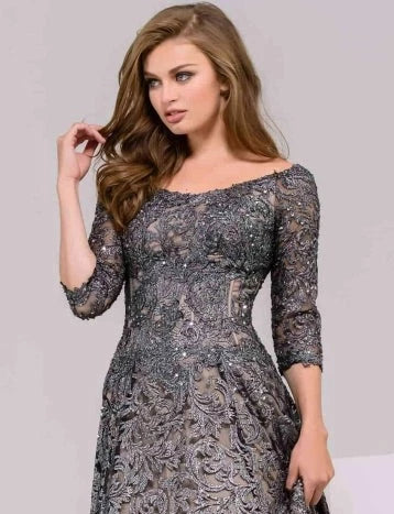 Jovani 37938 Grey Off the Shoulder Lace A-Line Evening Dress Mother of Dress
