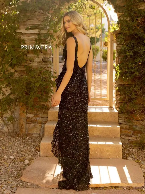 Primavera Couture 3799 Ruffle Prom Dress Long Beaded Evening Gown Sequin High Low Evening Gown