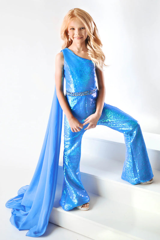 This one-shoulder cape jumpsuit from Ava Presley offers an on-trend look with its sequin-embellished bell bottom trousers and fashion-forward cape styling. Crafted from a comfortable fabric blend, the jumpsuit is perfect for stylish tweens and special occasions.  Sizes: 2-16  Colors: Coral, Ocean