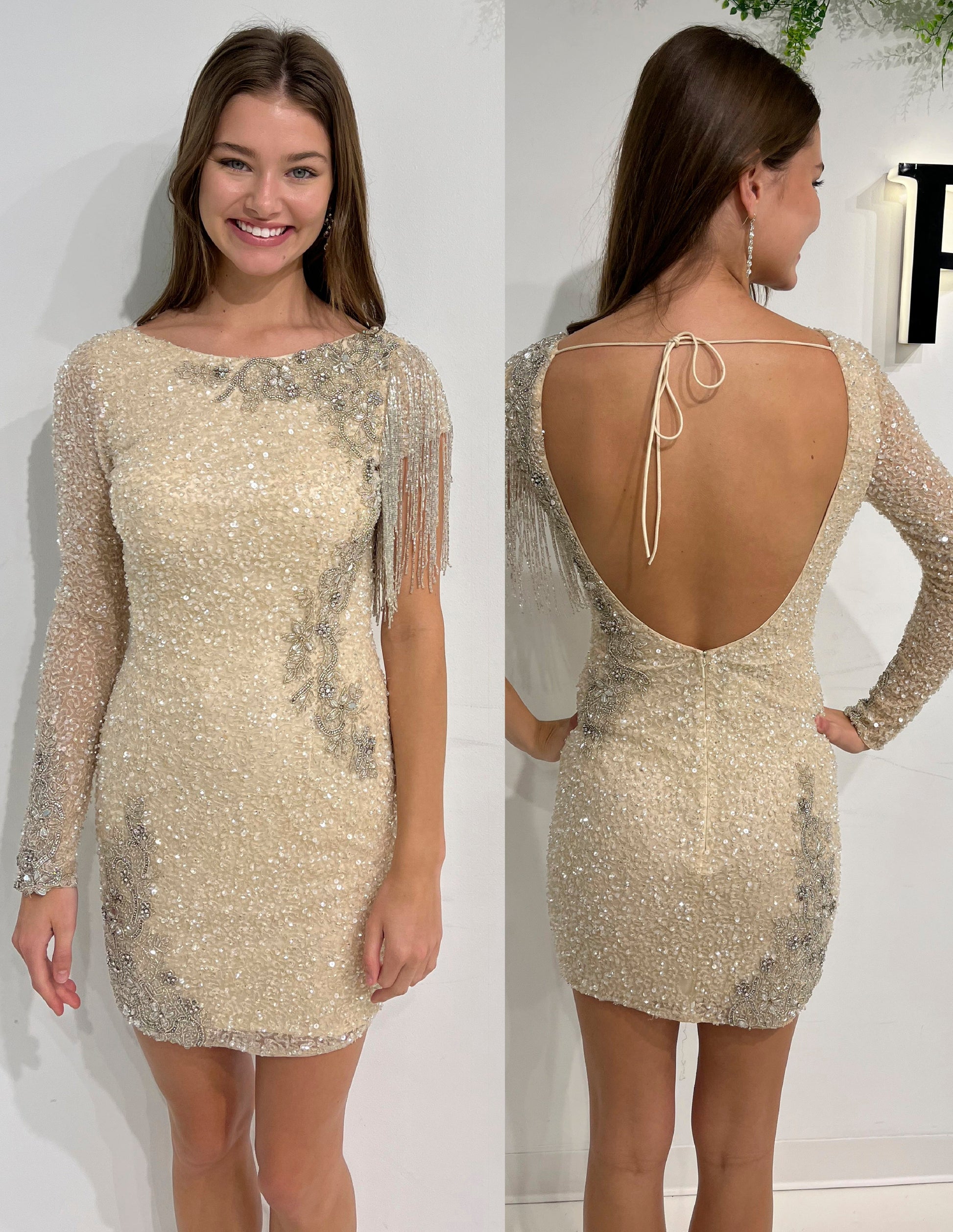 Primavera Couture 3842 Short 2022 Homecoming dress Fitted sequin beaded short cocktail dress  Available Color- Nude Silver  Available Size- 00