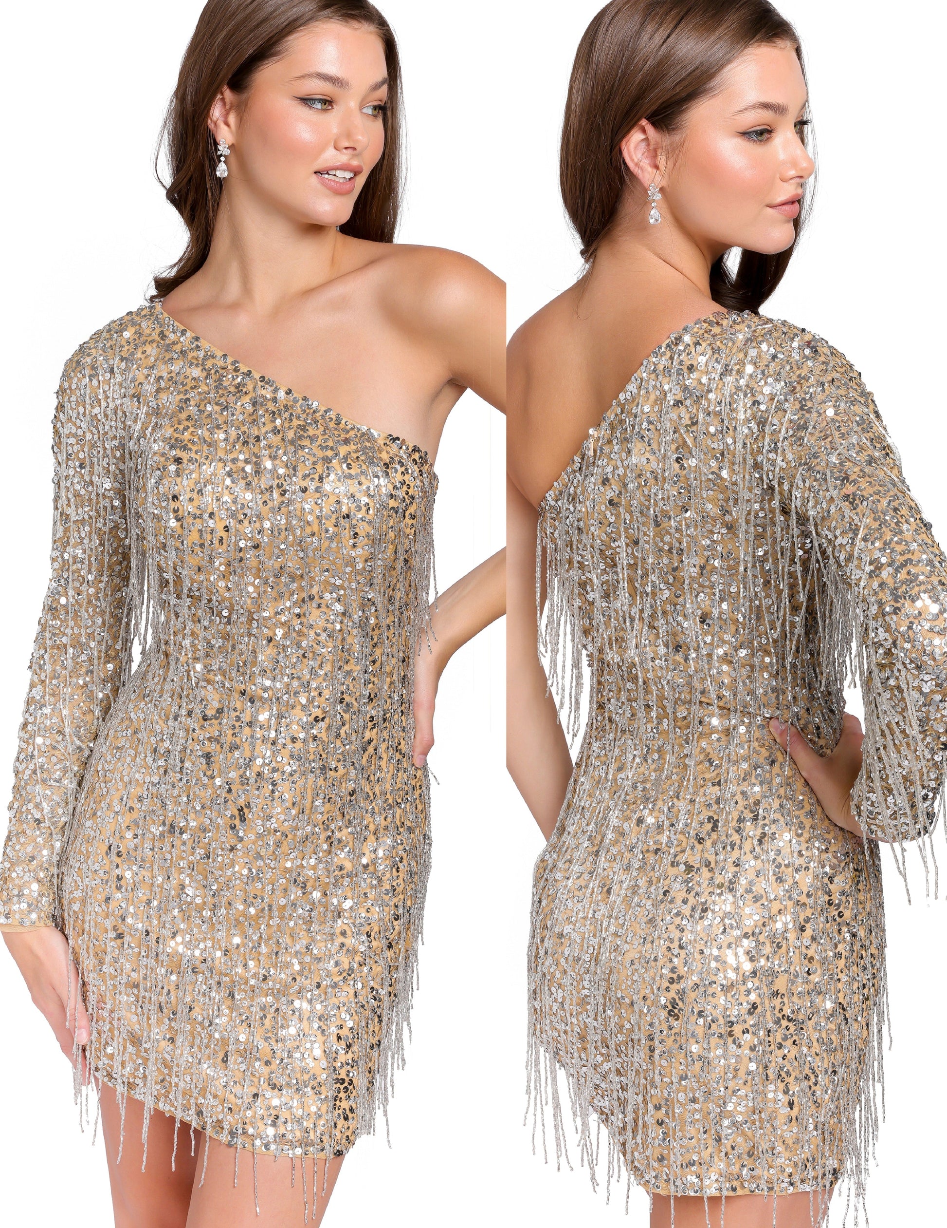 Primavera Couture 3858 Short 2022 Homecoming dress Fitted sequin beaded short cocktail dress  Available Color- Nude Silver  Available Size- 0