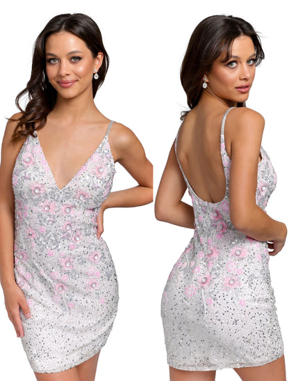 Primavera Couture 3862 size 6 Ivory/Multi Short Homecoming dress Fitted sequin beaded short cocktail dress