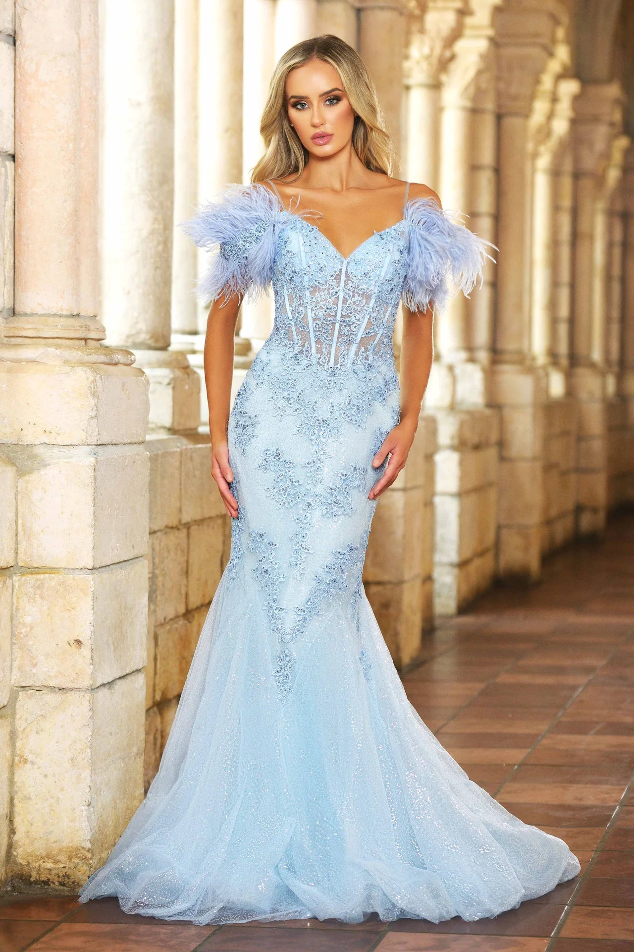 Ava Presley 38862 Long Fitted Shimmer Mermaid Sheer Corset off the shoulder Feather Dress Prom Pageant  Sizes: 00-24  Colors: Light Blue, Black