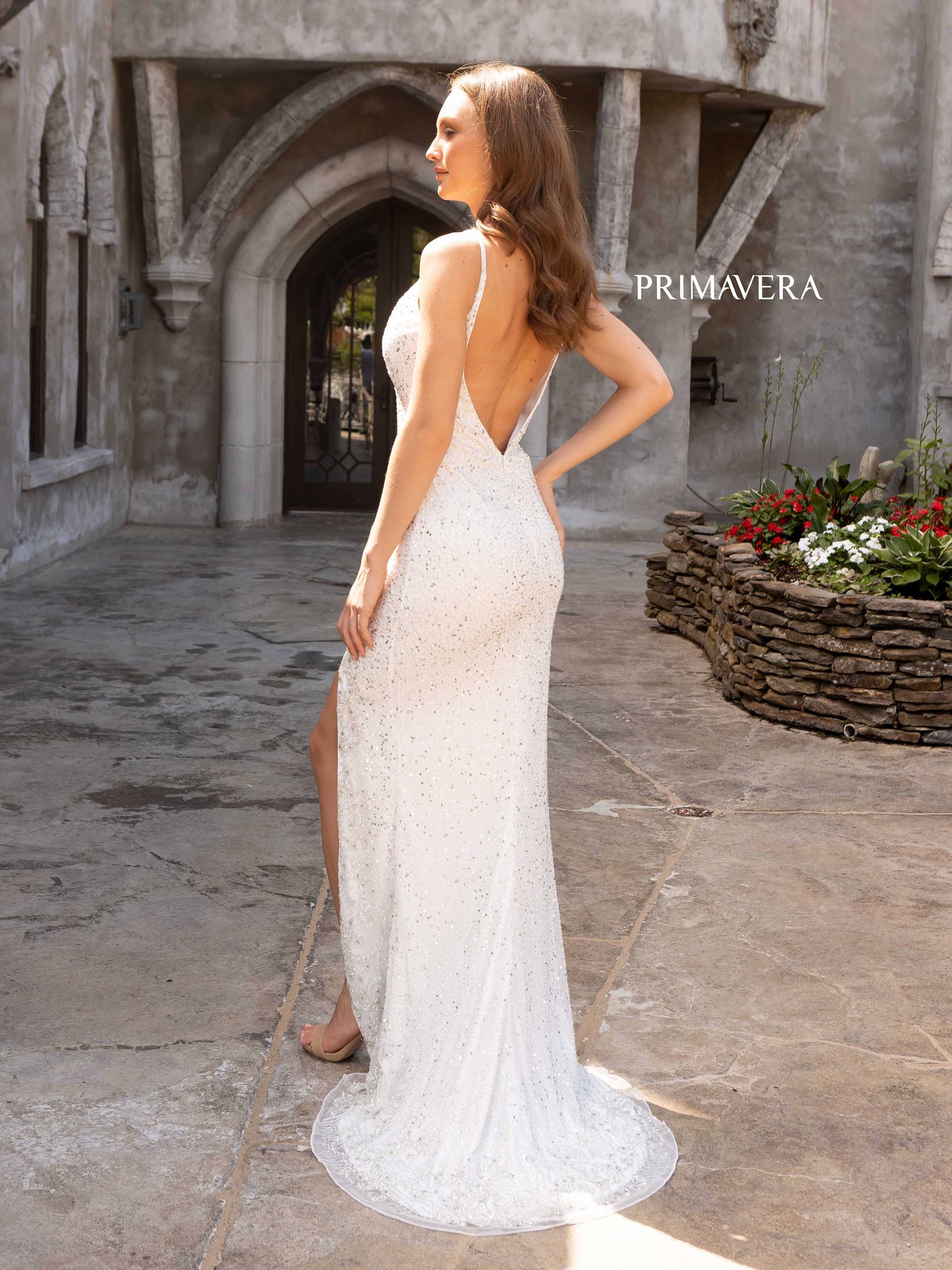Primavera Couture 3904 Beaded V Neckline Prom Dress Beaded Details Slit