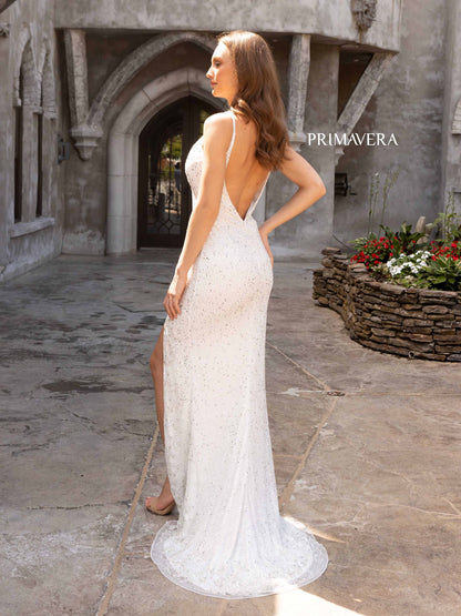 Primavera Couture 3904 Beaded V Neckline Prom Dress Beaded Details Slit