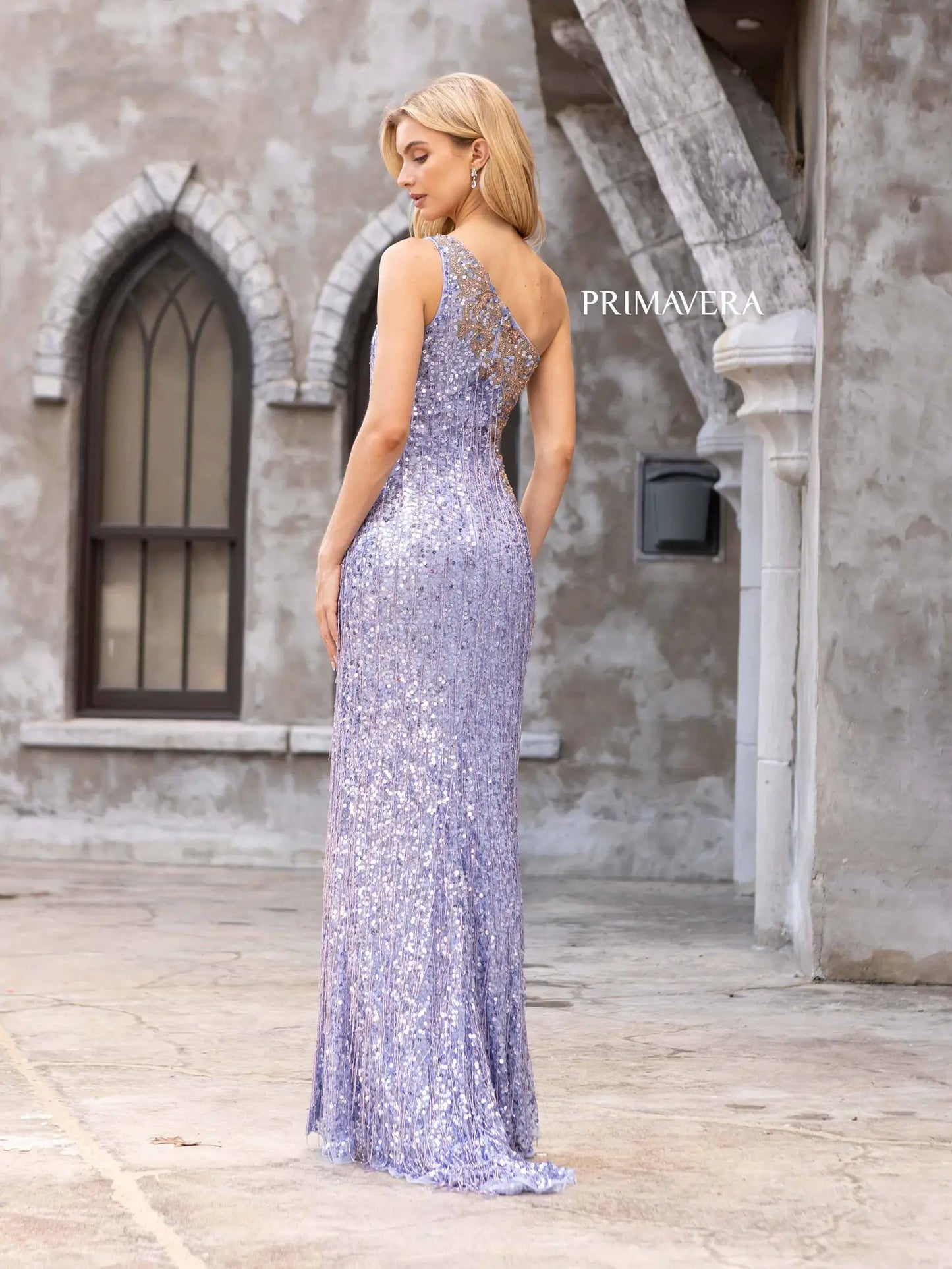 Primavera Couture 3906 Long Fitted Beaded Fringe Sequin Prom Dress One Shoulder Slit Formal Gown  Sizes: 000-24  Colors: Sage Green, Neon Pink, Orange, Lilac, Ivory, Black
