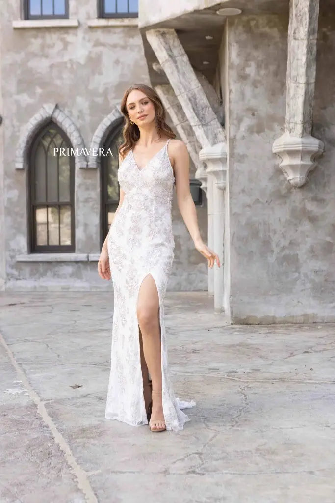 Primavera Couture 3907 Long Beaded Lace Backless Prom Dress V neck formal Evening Gown slit  Sizes: 000,00,0,2,4,6,8,10,12,14,16,18,20,22,24  Colors: Black, Ivory, Powder Blue, Royal Blue