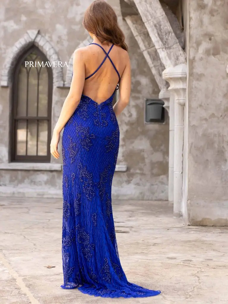 Primavera Couture 3907 Long Beaded Lace Backless Prom Dress V neck formal Evening Gown slit  Sizes: 000,00,0,2,4,6,8,10,12,14,16,18,20,22,24  Colors: Black, Ivory, Powder Blue, Royal Blue
