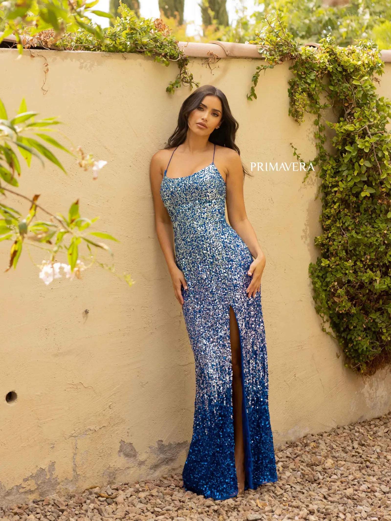primavera Couture 3916 Long Fitted Sequin Ombre Prom Dress Backless Corset Slit Formal Gown  Sizes: 000-24  Colors: Blue, Pink, Emerald, Mint, Lavender