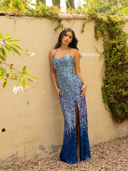 primavera Couture 3916 Long Fitted Sequin Ombre Prom Dress Backless Corset Slit Formal Gown  Sizes: 000-24  Colors: Blue, Pink, Emerald, Mint, Lavender
