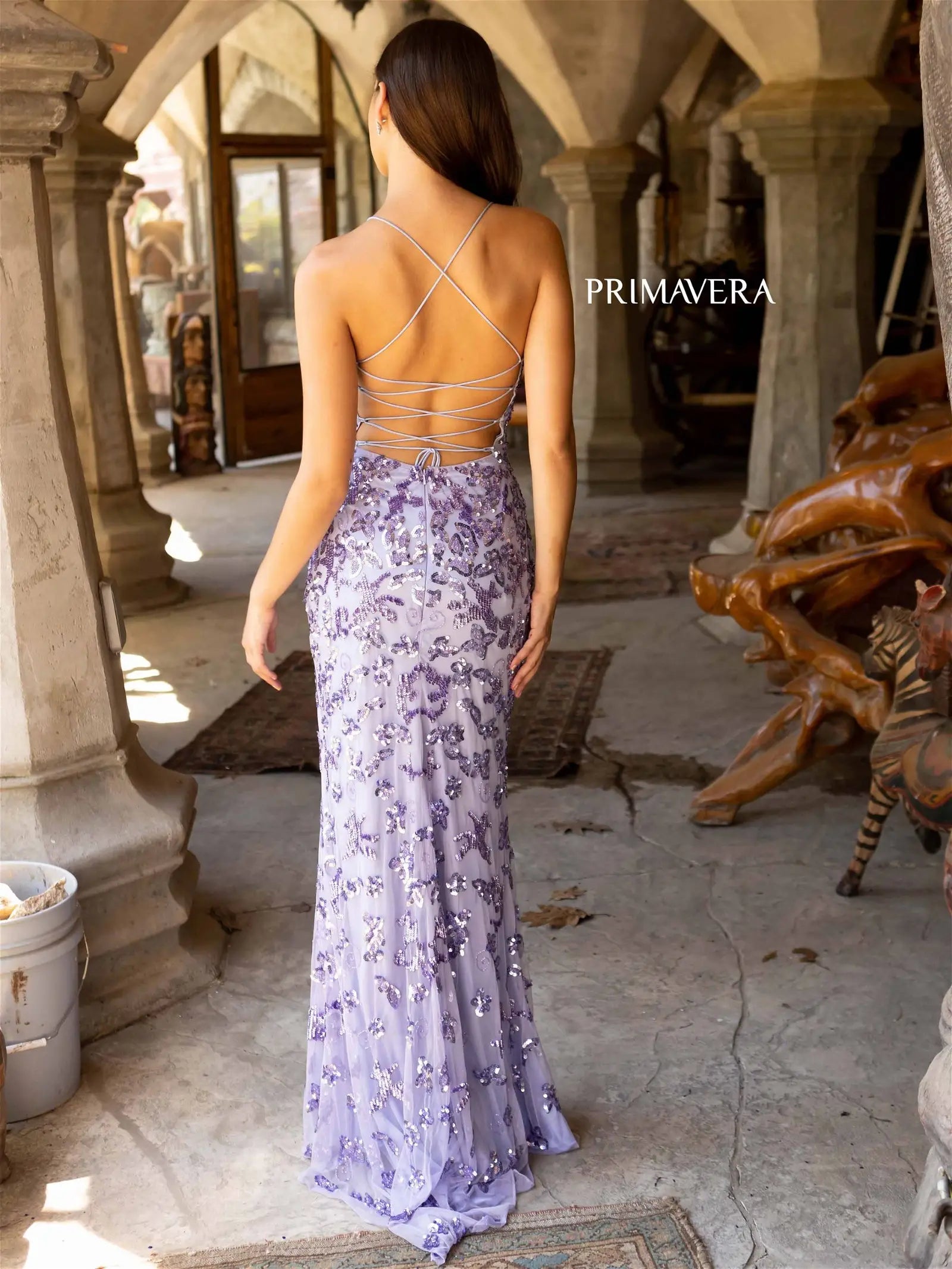 Primavera Couture 3920 Prom Dress Long Beaded Gown. This Gown has a corset back plus a slit. 