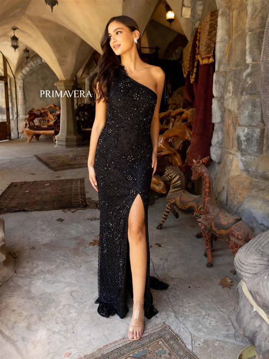 Primavera Couture 3921 Long Fitted Beaded Feather One Shoulder Prom Dress Slit Backless Gown  Sizes: 000-24  Colors: Black, Nude, Red