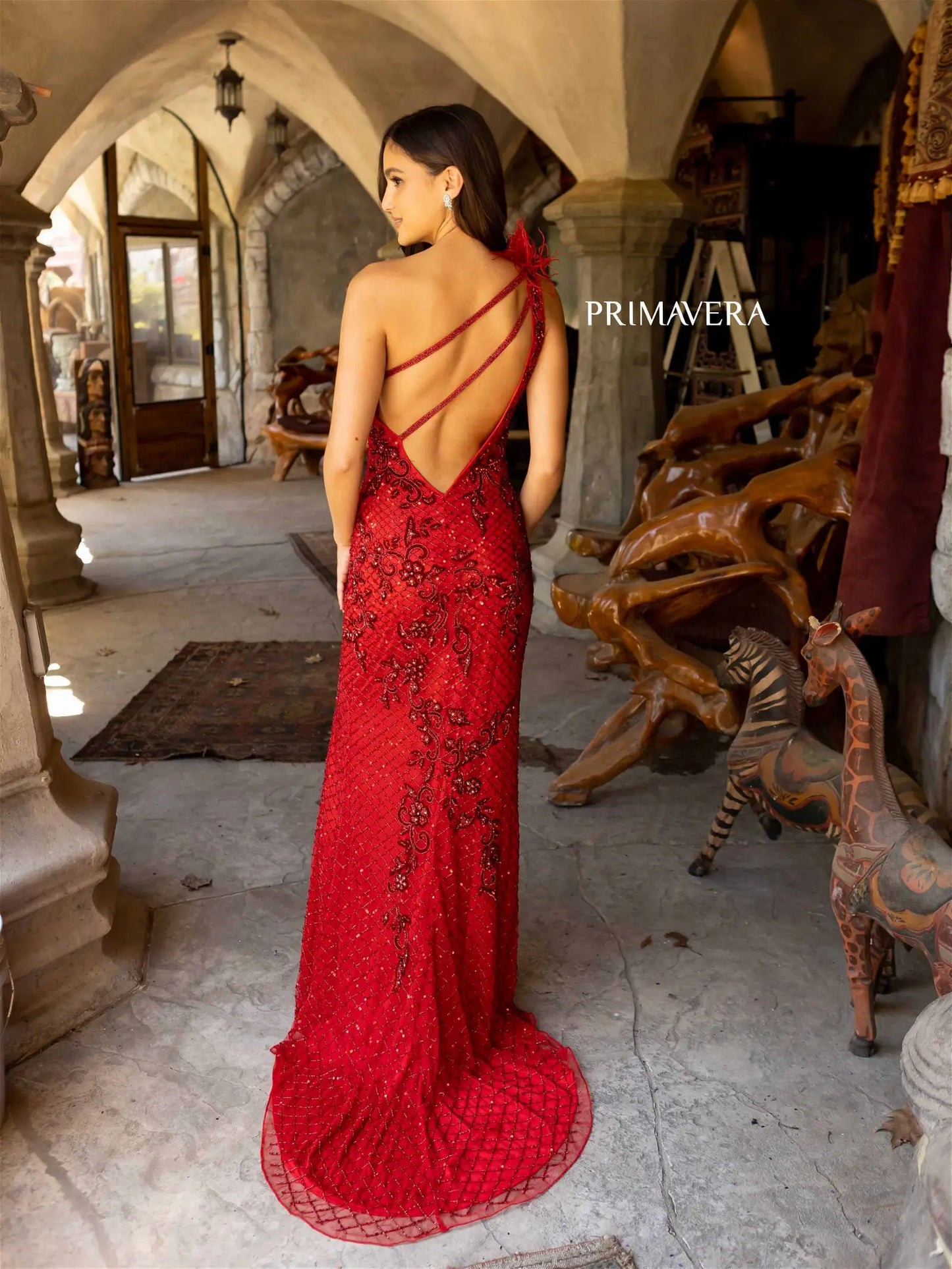Primavera Couture 3921 Long Fitted Beaded Feather One Shoulder Prom Dress Slit Backless Gown  Sizes: 000-24  Colors: Black, Nude, Red