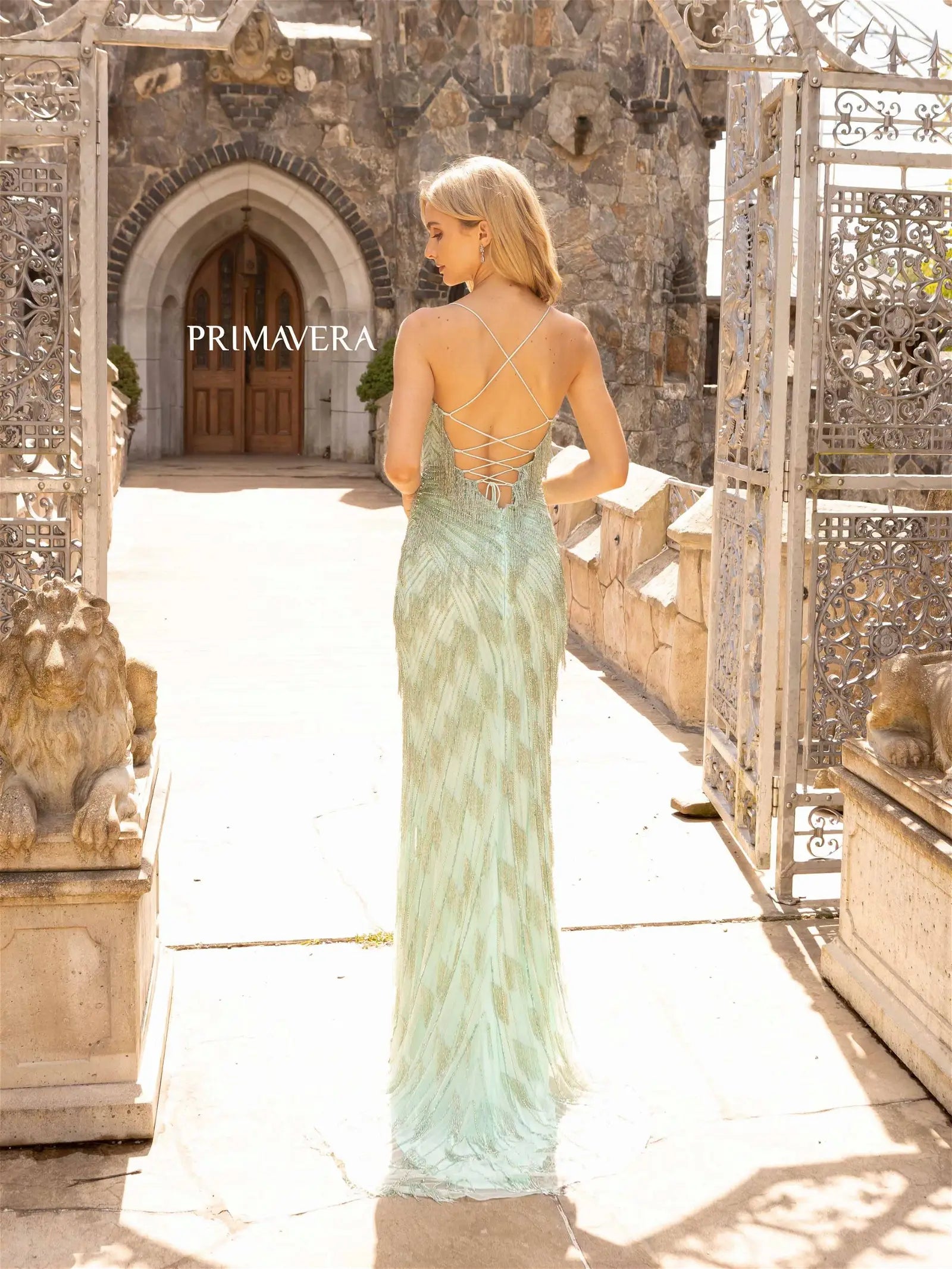 Primavera Couture 3925 Long Beaded Fringe Fitted Maxi Slit Prom Dress Backless Corset Gown V Ncekline  Sizes: 000-24  Colors: Sage Green, Mint, Perriwinkle, Black