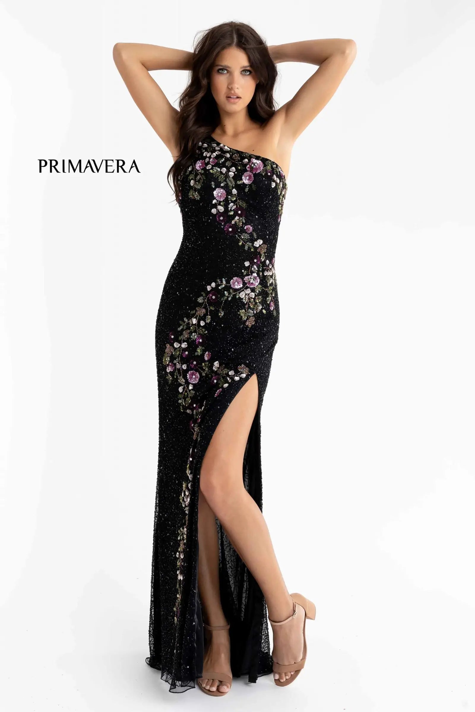 Primavera Couture 3928 Prom Dress Long Beaded One shoulder Gown. This dress has a beautiful design. This Gown has a beautiful design going on with the flowers. 